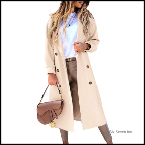 Wool Blend Pea Coat Double Breasted Notched Lapel Long Winter Coat